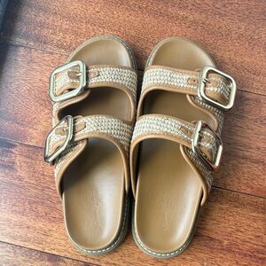 Tan Woven Double-Buckle Slide Sandals